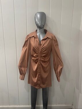 Satin Ruched Button-Front Blouse - Rust Brown